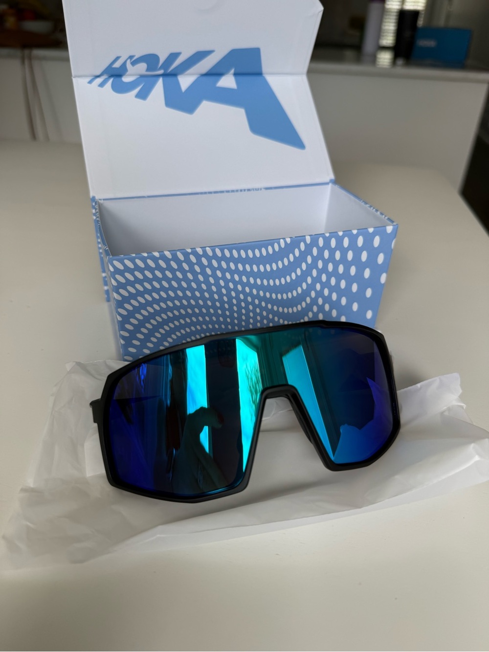 Hoka Sprint Sight Black Frame Sunglasses with Blue Mirrored Lense